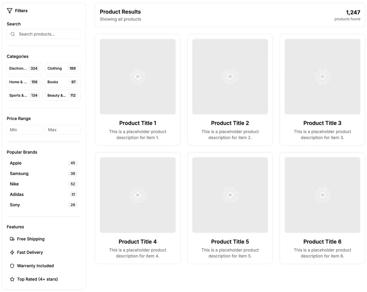 Shadcn UI category filter block: search, category counts, price range, brands and feature toggles beside a product grid