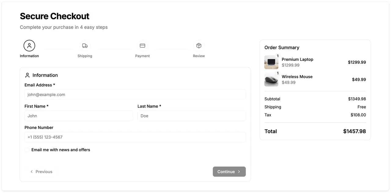 Shadcn UI checkout form block: a four-step progress indicator, information fields and an order summary panel