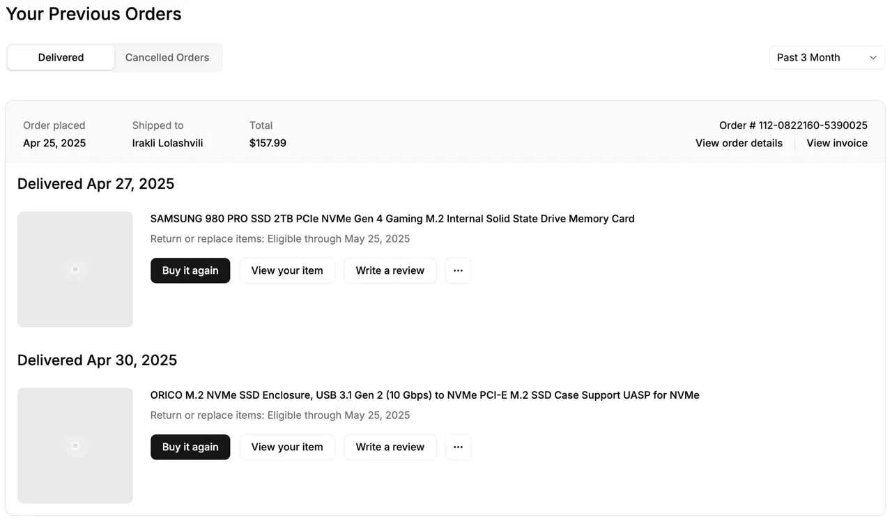 Shadcn UI order history block: past orders grouped by delivery date with reorder and review actions