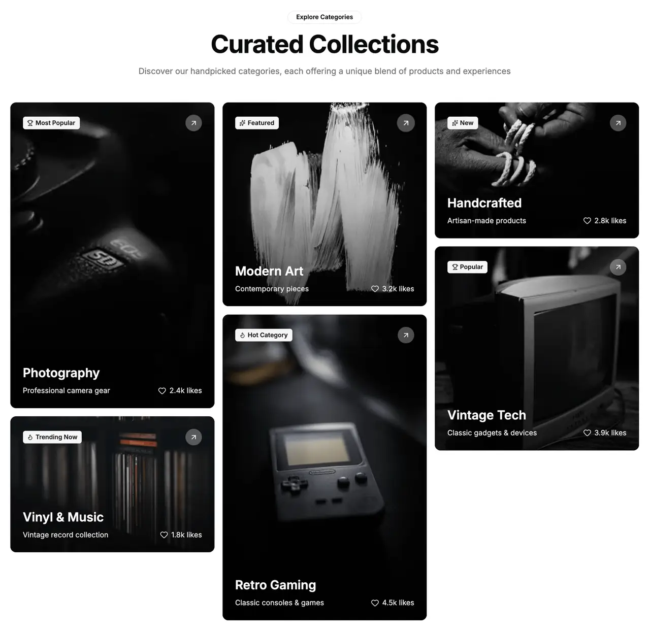 Shadcn UI product categories block: a bento grid of collection cards with badges and like counts