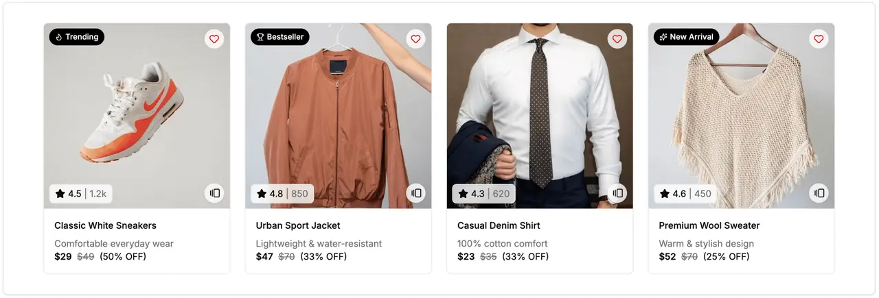 Shadcn UI product list block: a row of product cards with ratings, discounts and wishlist buttons