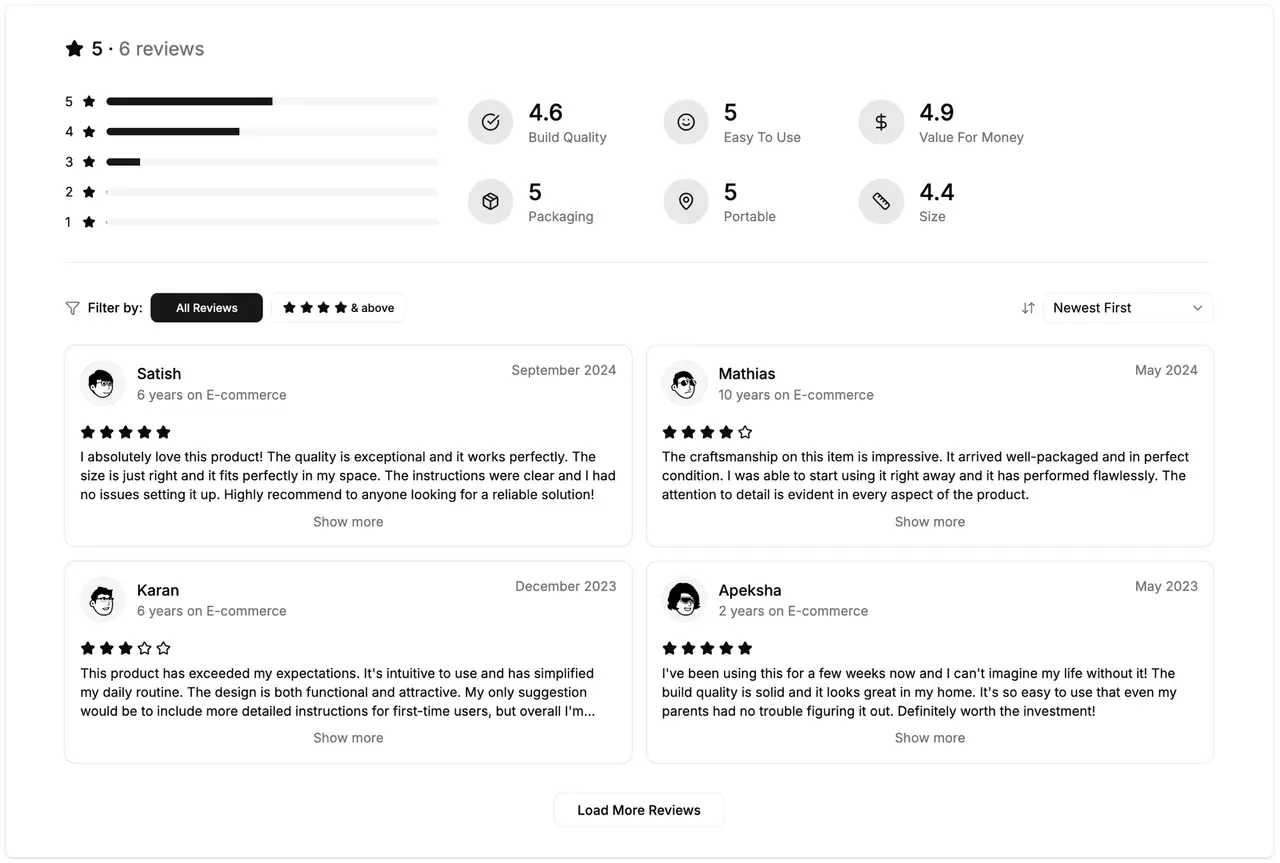 Shadcn UI reviews and ratings block: star distribution, rated attributes and individual review cards
