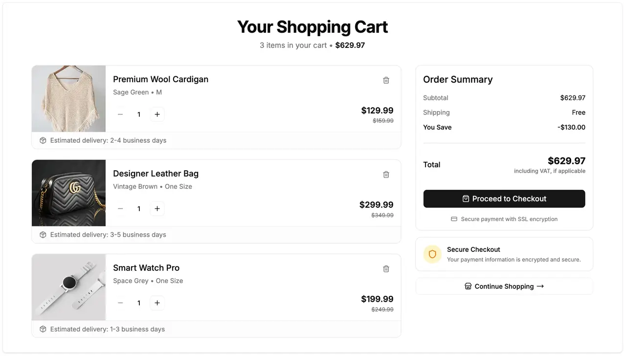 Shadcn UI shopping cart block: line items with quantity steppers beside an order summary and checkout button