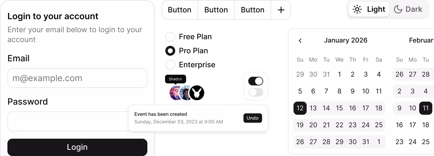 500+ Shadcn UI Figma components with variants and states
