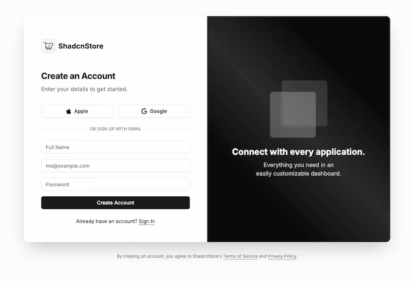Shadcn UI Application Blocks Preview
